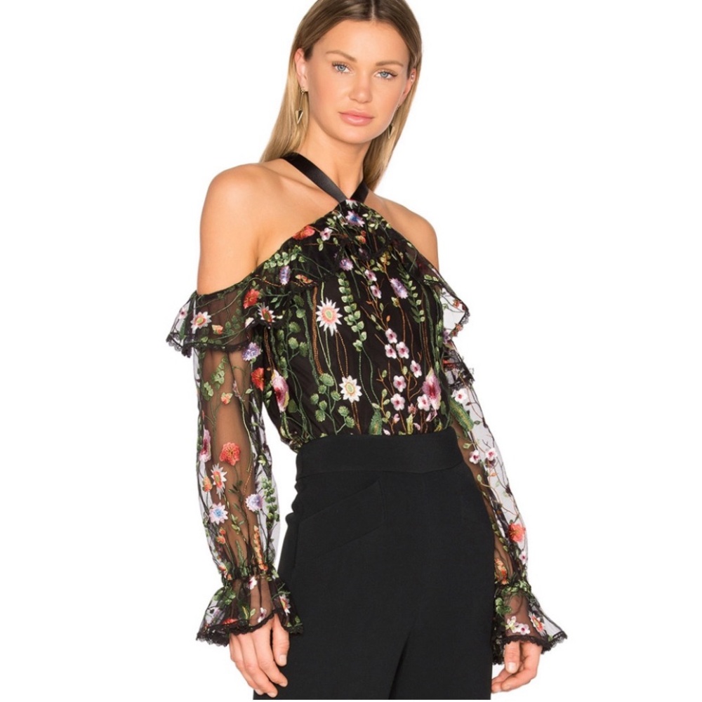 New Alexis Kylie Black Garden Floral Embroidered Top whimsigoth fairy Sz XS